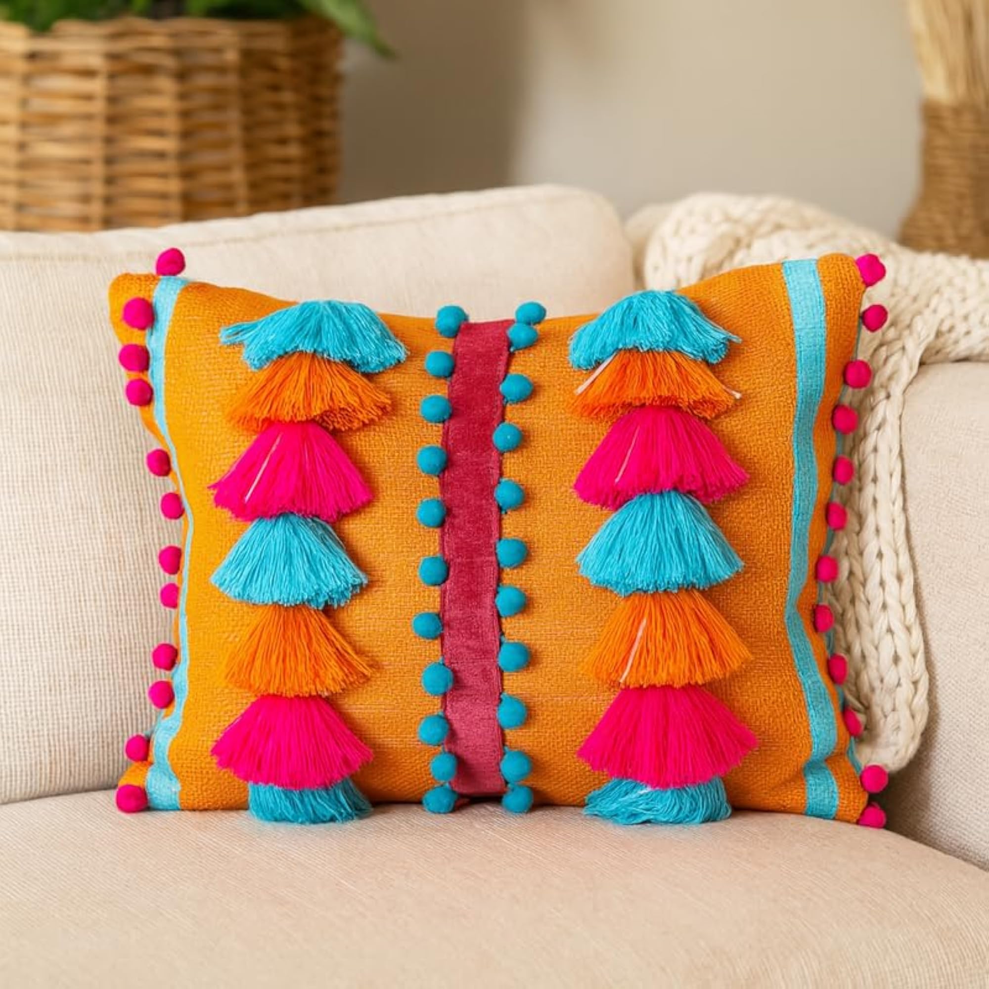 Burnt Orange Savannah Cushion Cover Boho Multicolor Pom Pom