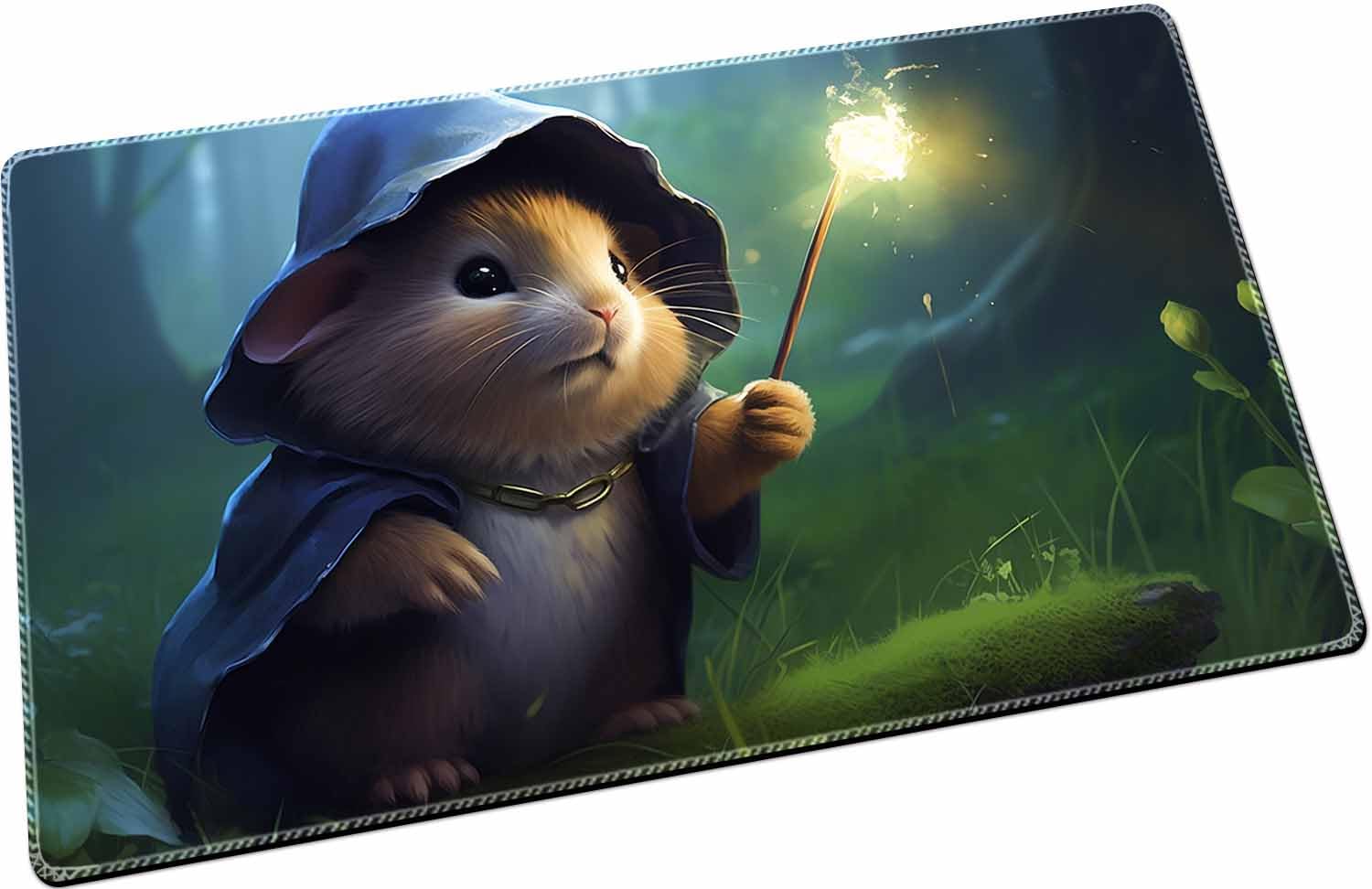 April Space Mouse Wizard Playmat, 24 x 14 inches, High-definition Printing, Anti-slip Base, Compatible for TCG CCG RPG OCG with Card Zones, 6+ Years