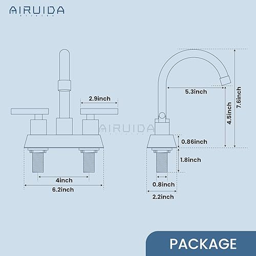 Miniatura 6 de Airuida Grifo de baño central de 4 pulgadas, grifo de lavabo de baño de 2 asas, grifo de tocador de baño de dos agujeros con drenaje emergente, 2