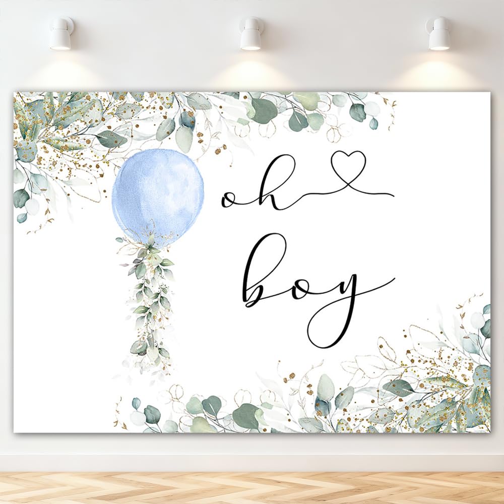 Mocsicka Oh Boy Backdrop Blue Balloon Greenery Boy Baby Shower Background Botanical Eucalyptus Baby Shower Party Cake Table Decoration Banner Photo Booth Props (7x5ft)