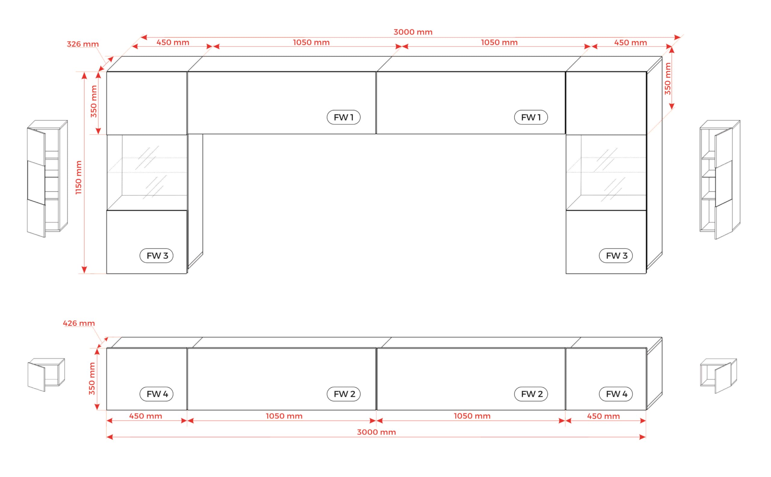 3xE Living Wohnwand Sonoma Eiche Medienwand Design Modern MDF Hochglanz, Wohnzimmer Möbel, Wohnwand Wohnzimmer