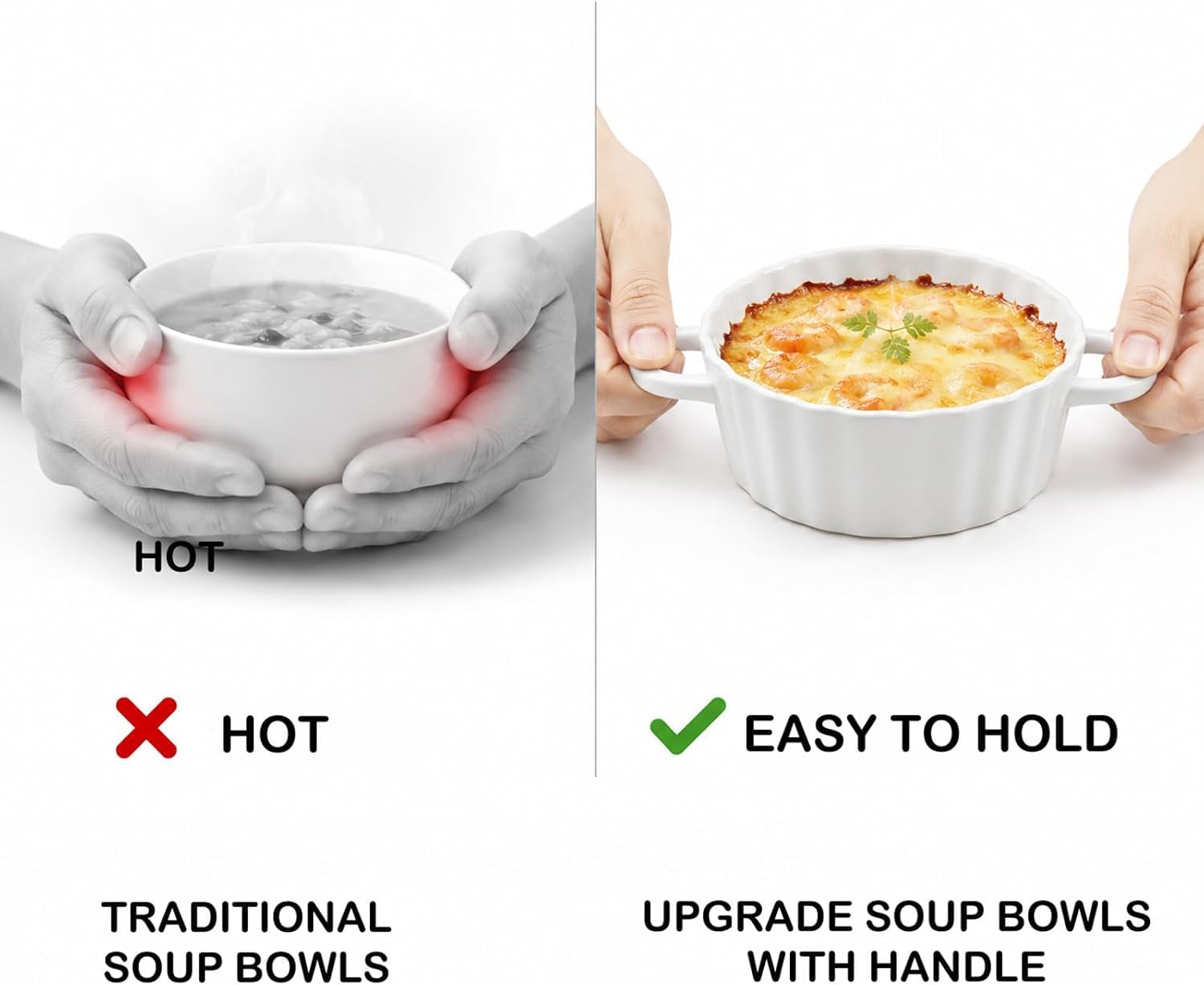 Lot de 6 ramequins en céramique - 200 ml - Soufflé - Avec poignées - Pour four et micro-ondes - Passe au four à crème brûlée - Pour ragoût fin - Blanc - 12,7 cm