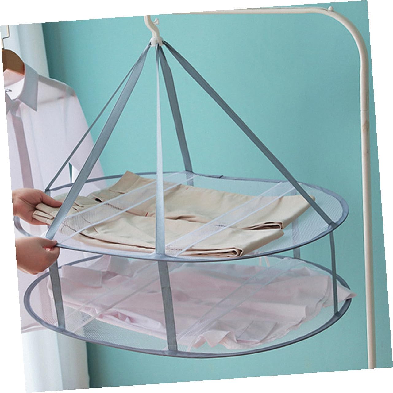 3pcs Clothes Drying Basket Set with Mesh Net, Sweater and Socks Hanging Organizer, Household Iron Hanging Storage for Indoor Laundry