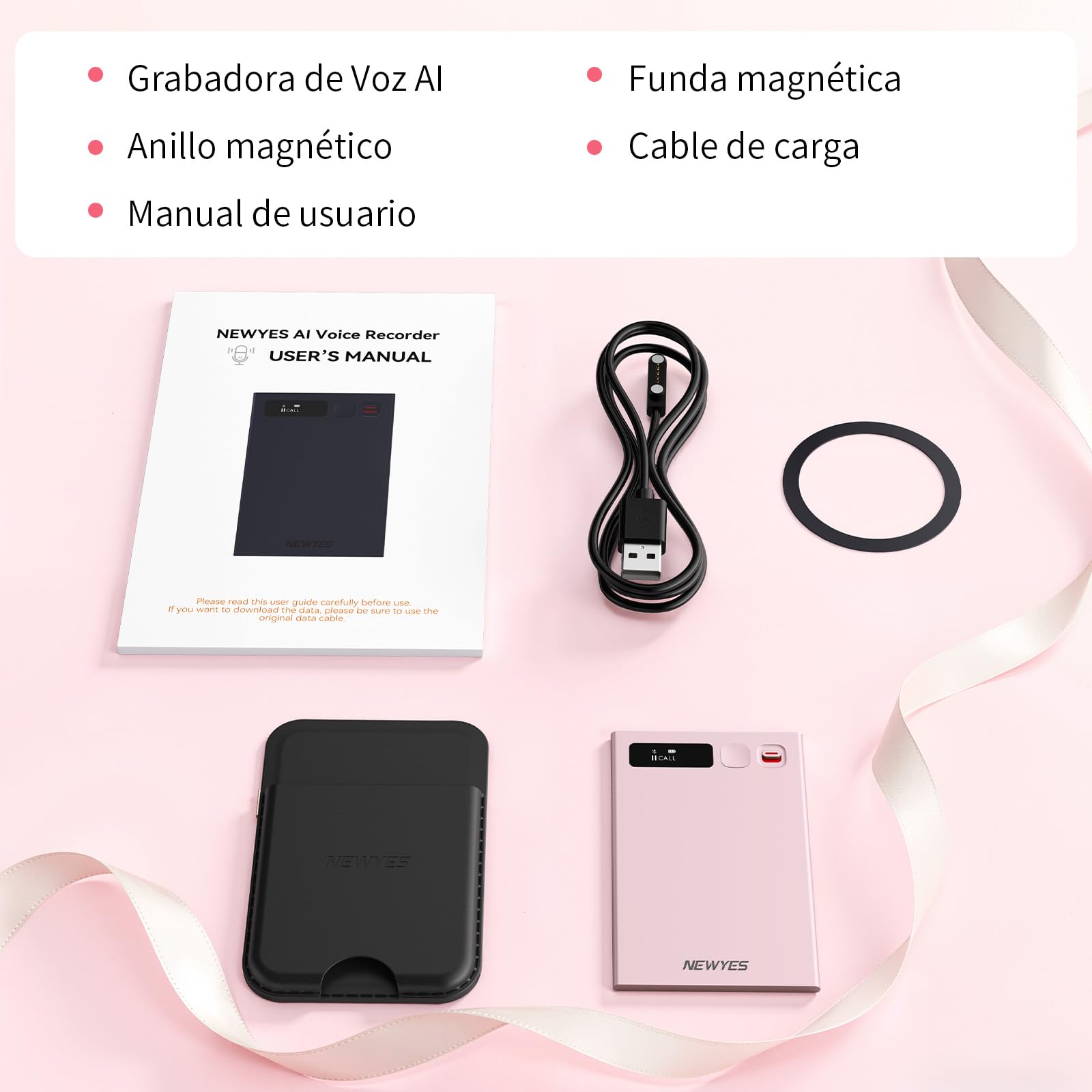Grabadora de Voz NEWYES IA con aplicación dedicada,transcripción y Resumen,Duración de la batería de 35 Horas, 64 GB de Memoria para reuniones,conferencias, Llamadas,Negocios y Clases(Rosa)