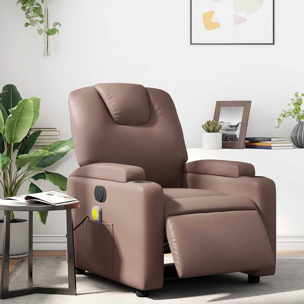 Massagesessel Elektrisch Braun Kunstleder mit 6-Punkt-Vibrationsmassage, Verstellbare Rückenlehne und Fußstütze, Holz Metall Gestell, Bequemer Lounge Stuhl für Wohnzimmer Büro und Leseecke