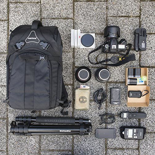 Mantona Rhodolit SLR-Kamerarucksack - Fototasche geeignet für SLR mit angesetztem Objektiv, weitere Objektive, Systemblitz und Zubehör, schwarze Kameratasche inkl. Regenschutz