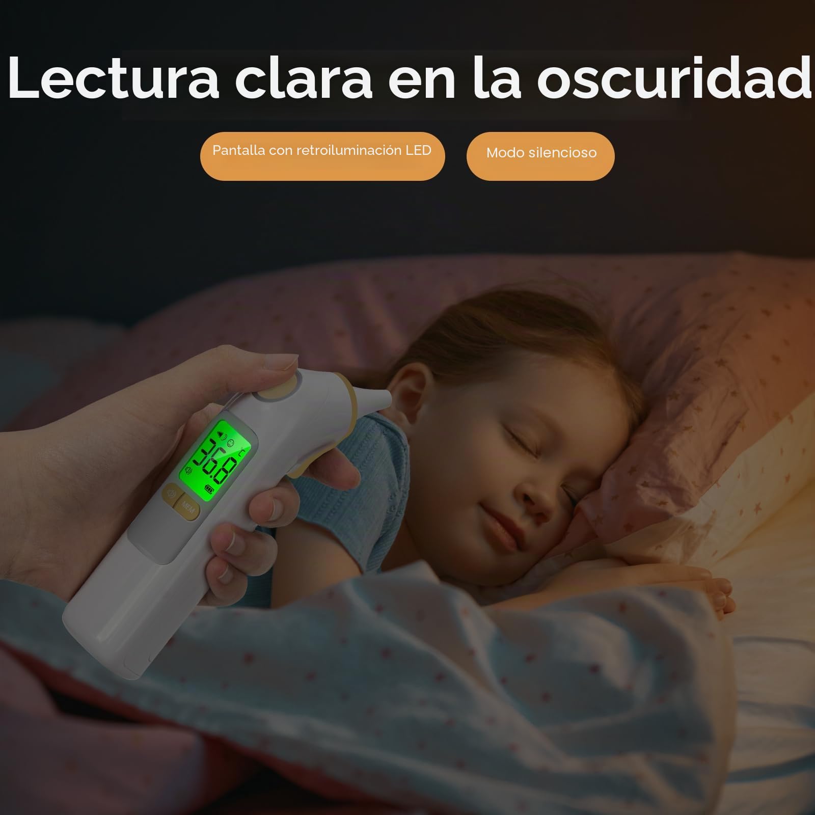 Termómetro de oído, termómetro digital infrarrojo para bebé y adulto, con 24 tapas protectoras desechables (amarillo)