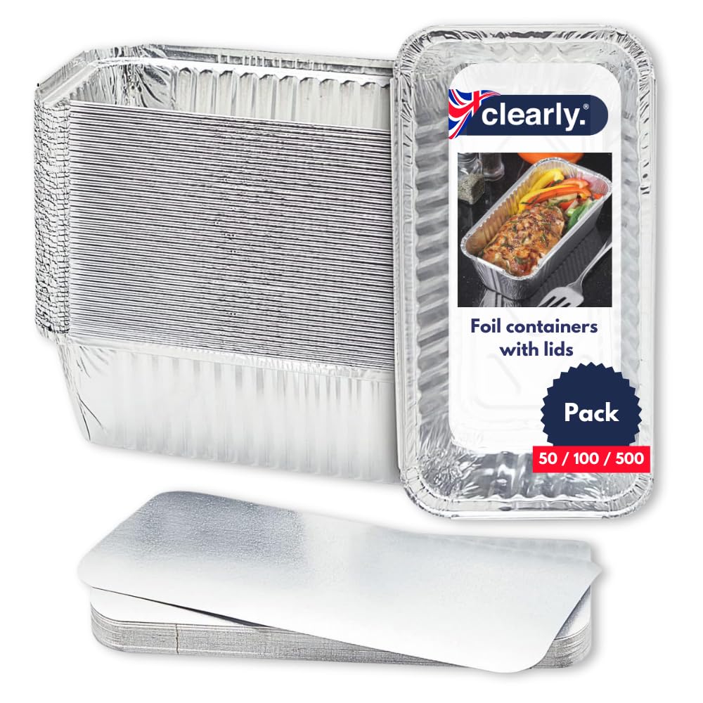 Clearly Set 50 Large Foil Trays with Lids, Aluminium Disposable Reusable Foil Food Container, Takeaway Containers, Great for Baking, Cooking, Freezing, Heating, Storing, BBQ (20.x11.2x5.6cm)