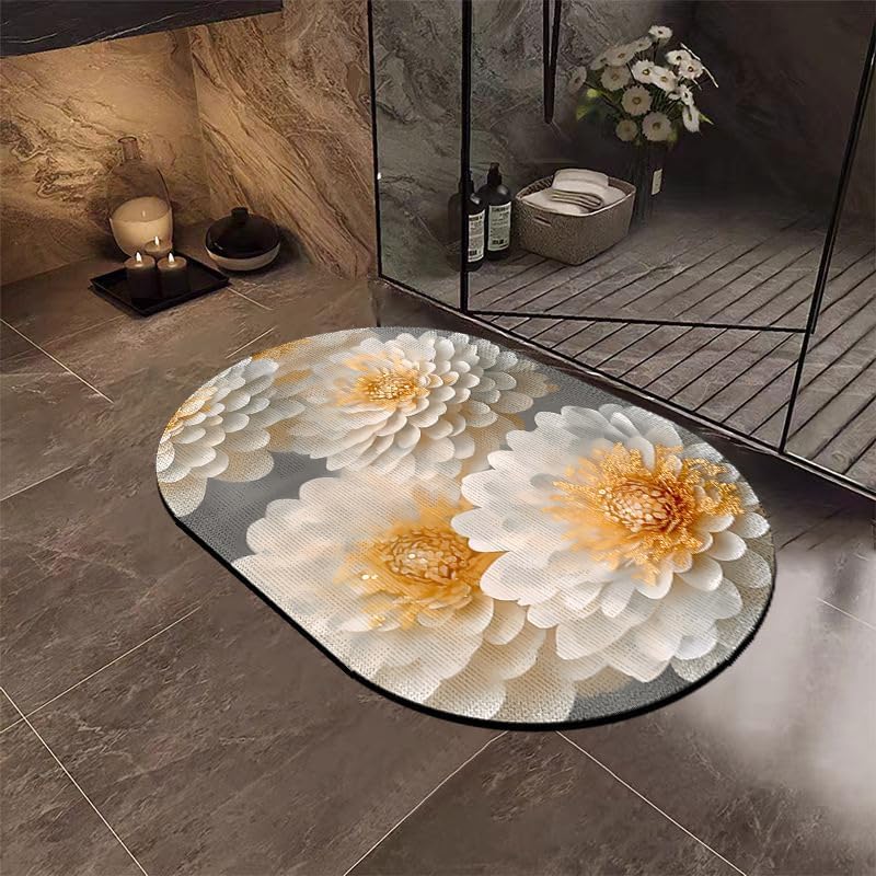 Mat de bain diatomite 50x80cm motif fleur elliptique absorbant et antidérapant