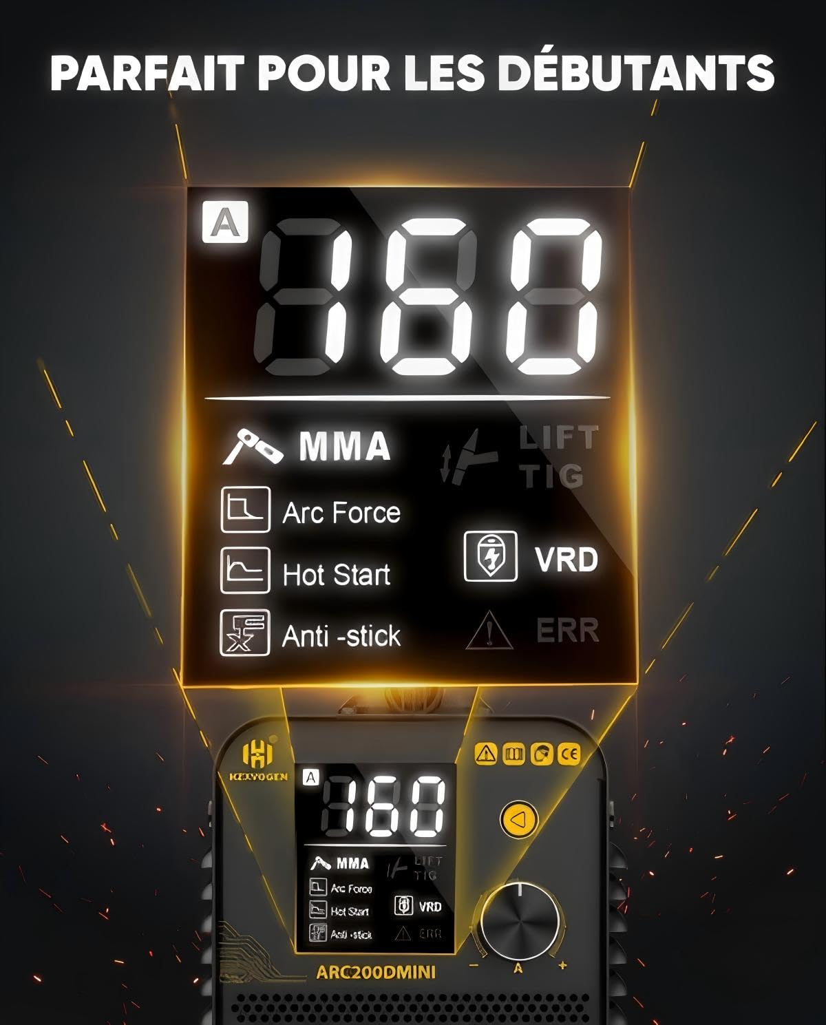 H HZXVOGEN Mini Poste à Souder Inverter 200A 230V, 2-en-1 MMA & Lift TIG, Poste a Souder ARC Portable avec Écran LED, Hot-Start, Anti-Stick, Inclus Électrodes et Accessoires