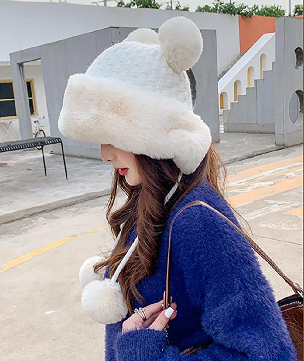 Winter Pompom Beanie Hats for Women Fluffy Knit Womens Beanie Faux Fur Crochet Skull Cap Warm Bucket Outdoor Ear Cover - Image 4