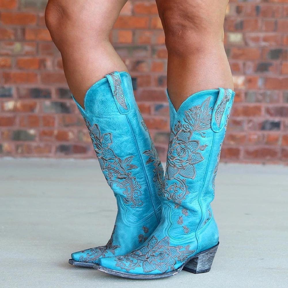 Bottes Western Femme En Cuir Bleu - Taille Standard - Bout Carré - Fabriqué Au Pakistan