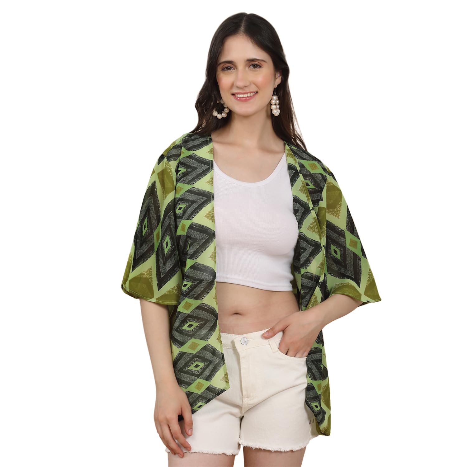 Women's Green Printed Georgette Shrug | Open Front Kimono Cardigan | Lightweight Beach Cover-Up | Casual Resort Wear Overlay for Women-image-20