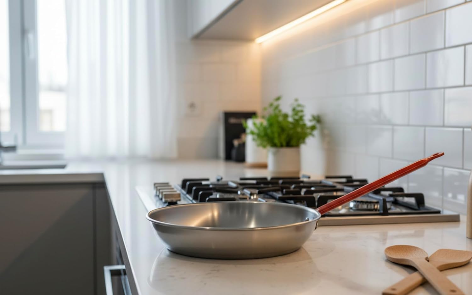 Padella in Ferro Spazzolato con Manico Rosso Ergonomico, Rotonda, per Spaghetti e Wok, Uso Professionale (36 cm)