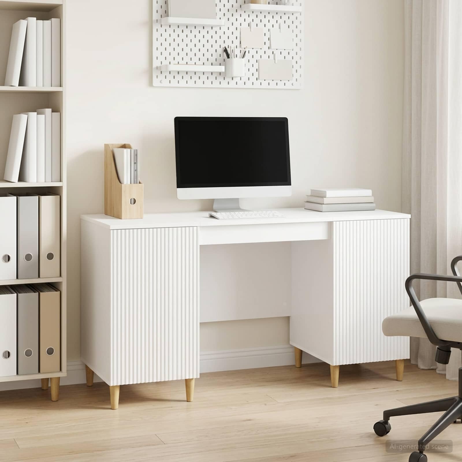 Scrivania bianca lucida, 142,5 x 50 x 75 cm, in legno con vano portaoggetti, scaffale, gestione dei cavi, ideale per casa, studio, camera dei ragazzi, laptop, monitor, stampante