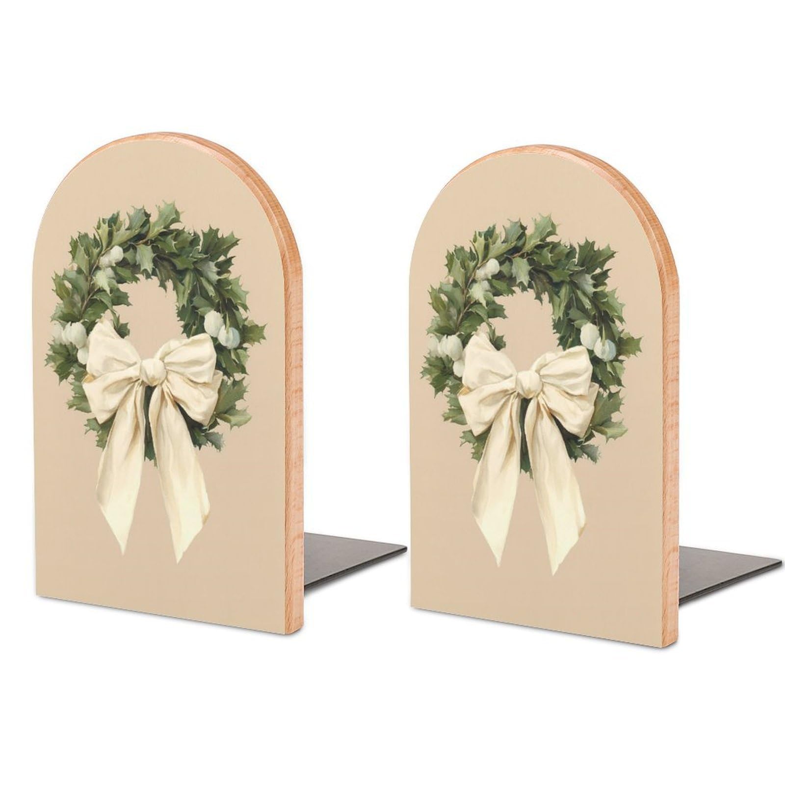 Evergreen Wreath with Cream Velvet Ribbon Bow Wooden Bookends Shelves 2 PCS Sturdy Book Holders Desktop Organizer for Home Office Libraries