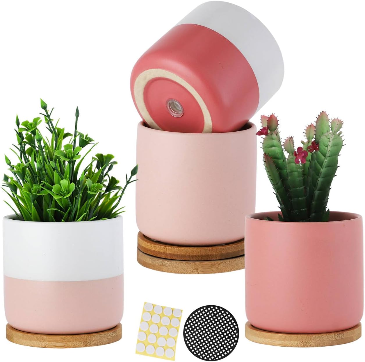 TAMAYKIM 4 Inch Ceramic Plant Pots with Drainage Holes, Small Contrast Style Flower Planter Pot with Tray for Indoor Plants, Succulent, Snake Plants, Cactus & Herbs, Set of 4