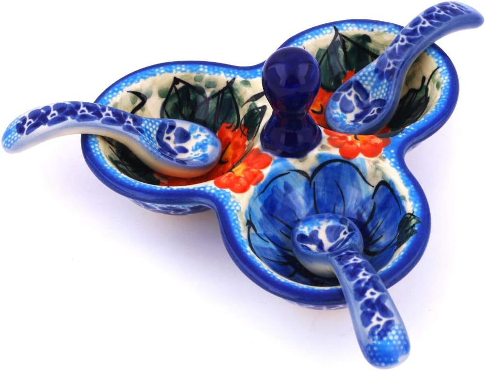 Polmedia Polish Pottery Condiment Dish UNIKAT - Blue As Your Eyes Pattern Handmade in Boleslawiec Poland + Certificate of Authenticity