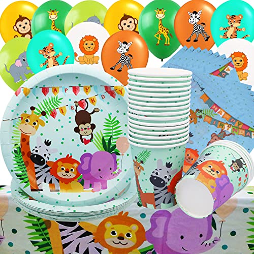 WALIGU Jungle Animaux Fournitures de Décoration, 73 pièce Vaisselle Anniversaire Jungle Set inclure 20 Assiette à Dessert en Papier, 20 Gobelets, 20 Serviettes 12 Ballons en latex et Nappe(20 Invités) Cover