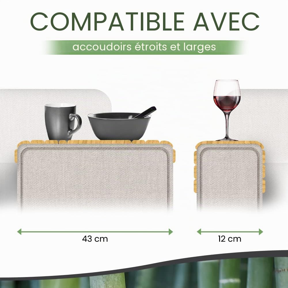 Table accoudoir de canapé en Bambou - Plateau en Bambou antidérapant et Flexible pour accoudoirs - Table Durable, Design élégant, Couleur Naturelle, s'adapte à Tous Les intérieurs