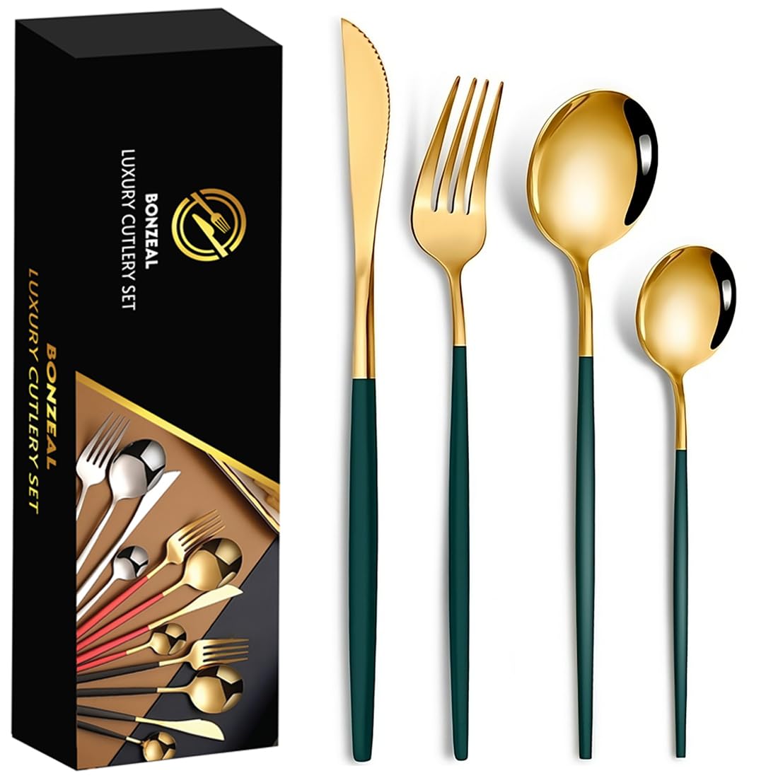 BonZeaL Gold Flatware Set - Luxury Stainless Steel for 12 -13