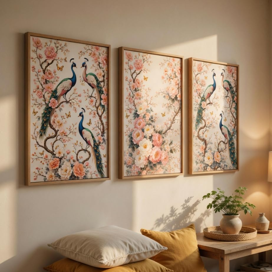 Image of Livin'luxe Peacock Floral Wall Painting Set of 3 with Wooden color Frames | Elegant Bird & Blossom Artwork HD Sparkle Laminated Wall Decor | Botanical Peacock Wall Art for Living Room Bedroom Hallway