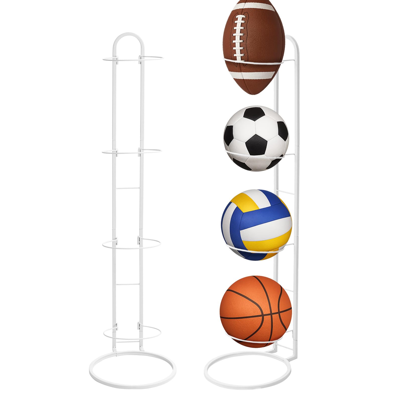 4 Tier Ball Storage Rack Metal Vertical Sports Equipment Organizer Stand Sports Football Stand for Football Basketball Volleyball (White, 4 Tier)