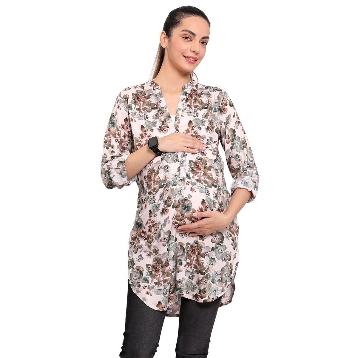 miniklub Mini Klub Women Floral Printed Mandarin Collar Roll-Up Sleeve Pure Cotton Maternity Top-picture-15