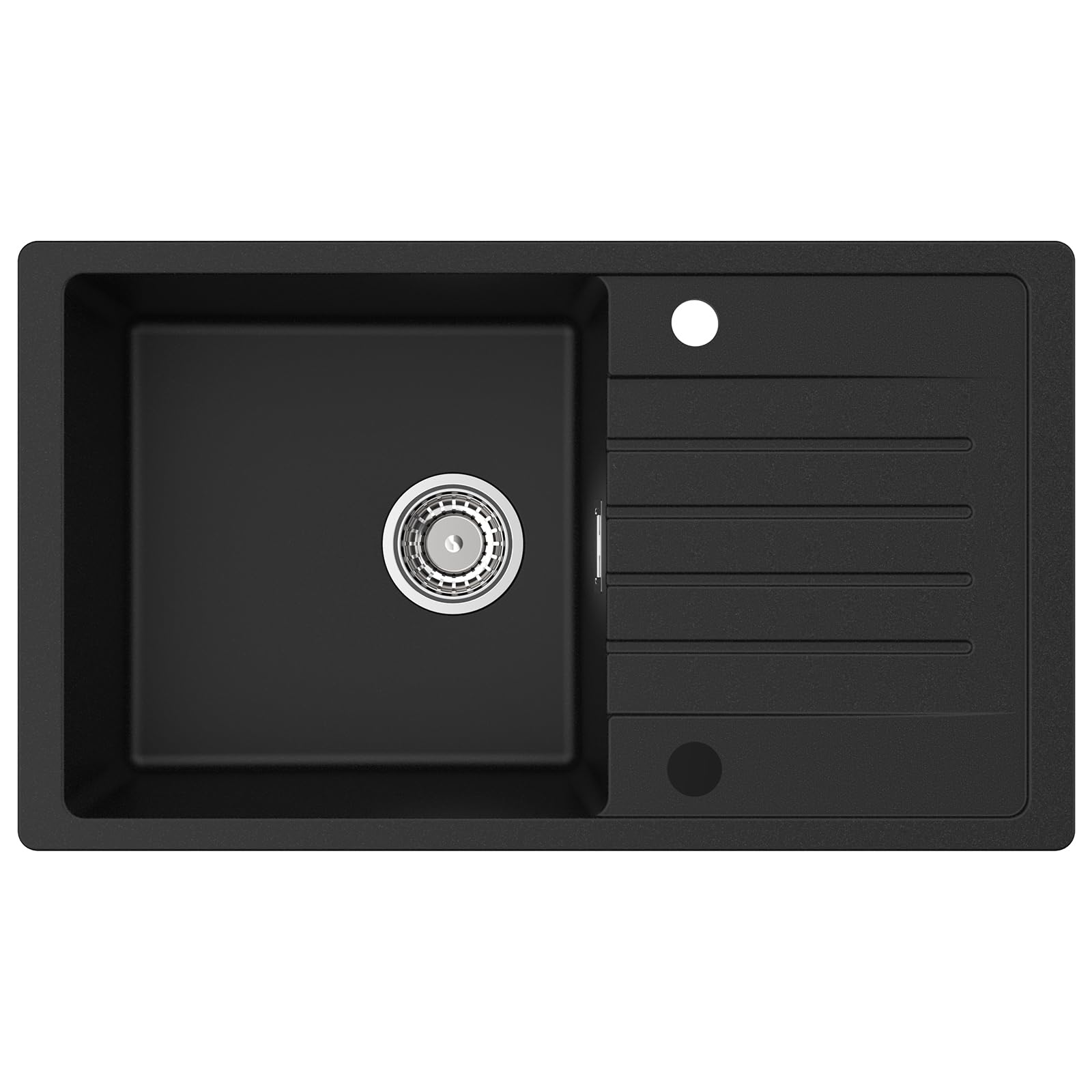 CECIPA Fregadero de Cocina Negro de 78 x 45 cm, Fregadero Cocina 1 Seno de Granito Reversible con Escurridor, Con Sifón Classic y Rebosadero, 80% Arena de Cuarzo, para a Partir de 60 cm Mueble Bajo