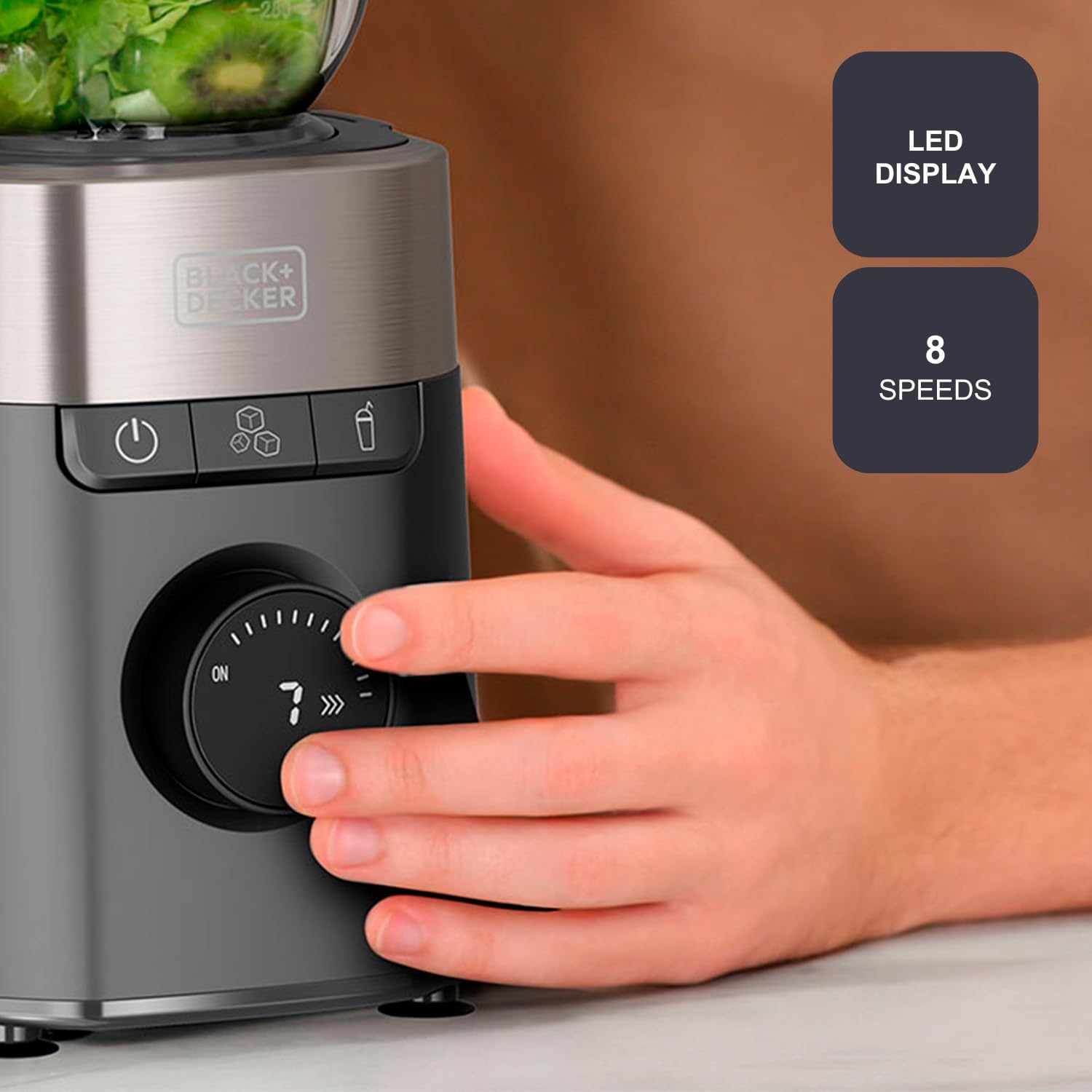 Black+Decker - BXJB1201E 1200 W blender stołowy | szklany dzbanek 2,2 l, 8 prędkości, 6 ostrzy ze stali nierdzewnej, funkcja Pulse, smoothie i siekacz do lodu, wyświetlacz LED | system bezpieczeństwa