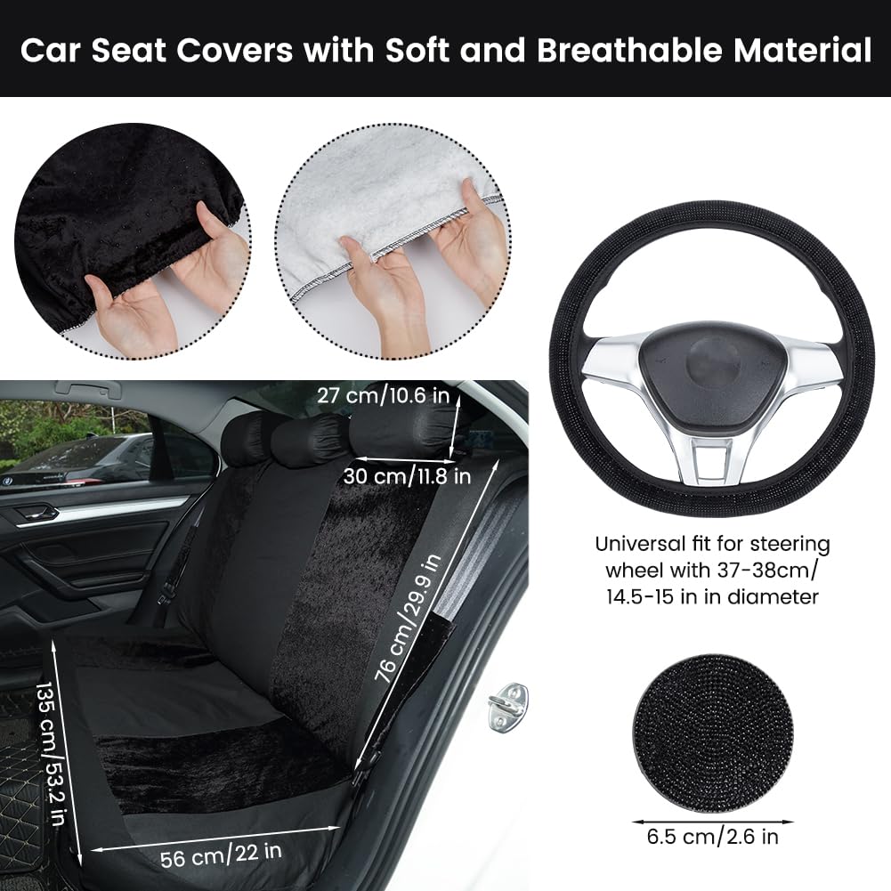 Set 15 Pezzi Accessori Auto Bling Donna - Coprisedili Velluto Traspirante - Coprivolante Cristallo - Dettagli Diamante Nero - Kit Interni Universale - Diamante Nero, Volante 38cm