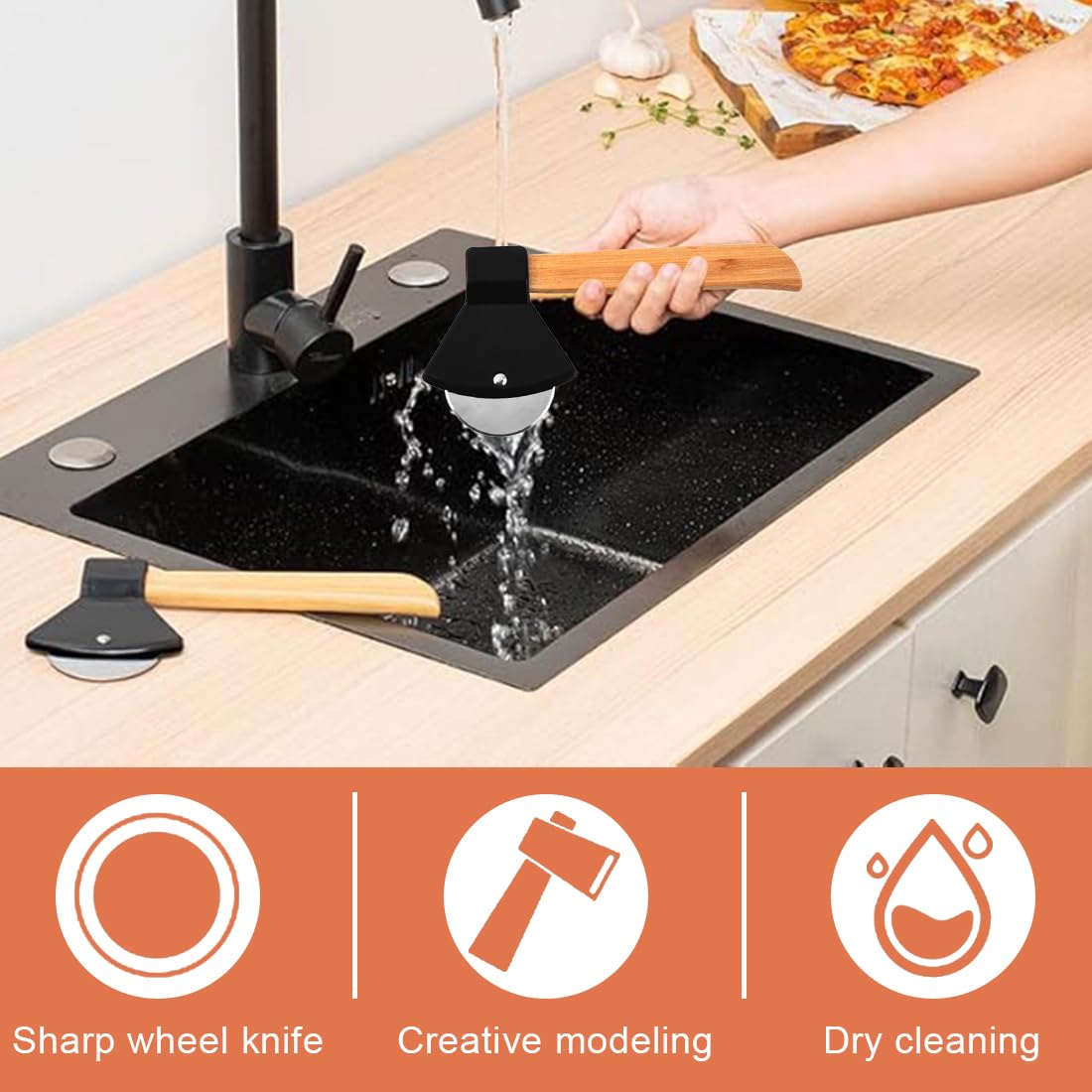 Hacha Cortador de Pizza,Corta Pizzas de Acero Inoxidable con Mango de Roble,Accesorios Cocina con Protección Anticortes,Súper Afilada y Duradera Ideal para Pizza,Pasteles (Negro)