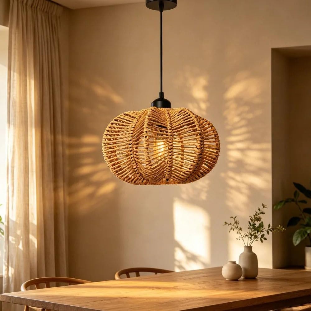 Lampa Wisząca Z Papierowej Liny, 9 Cali, Pleciony Żyrandol Kuchenny W Stylu Boho, Nowoczesna Lampa Wisząca W Stylu Boho, Do Domu Wiejskiego, Sypialni, Jadalni, Salonu, Baru, Przedpokoju I Korytarza