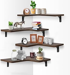 Manfuou Corner Floating Shelves Wall Set of 4, Natural Mounted Rustic Wood Corner Display Shelves Floating Storage Shelves...