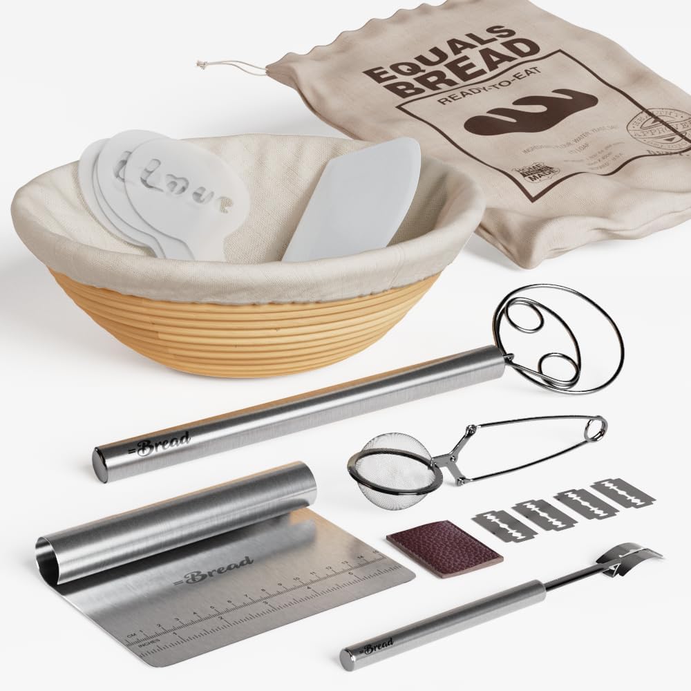 10 Inch Bread Proofing Basket Set with Stainless Steel Accessories, EQUALS BREAD Banneton Bread Proofing Basket, Whisk, Lame, Scraper, Cutter, Sifter, Liner, Bag and Stencil, Bread Baking Kit