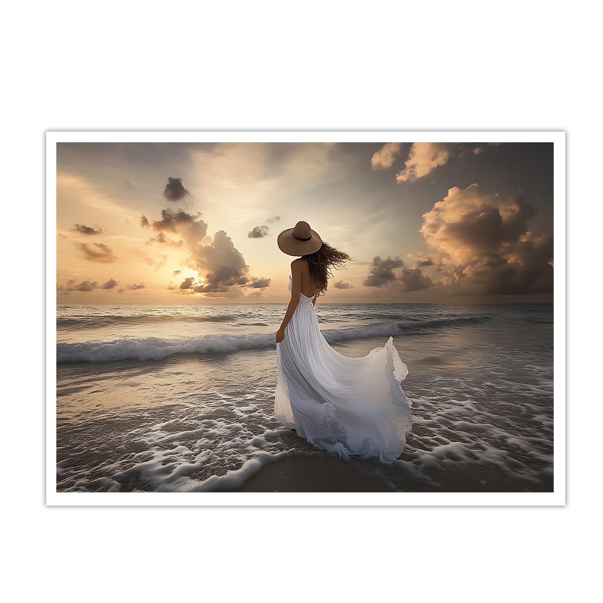 CHERHERART Ocean Waves Poster Prints Canvas Wall Art Artwork Modern White Dress Woman Sunset Beach Canvas Picture for Living Room Bedroom 25x40cm Frameless