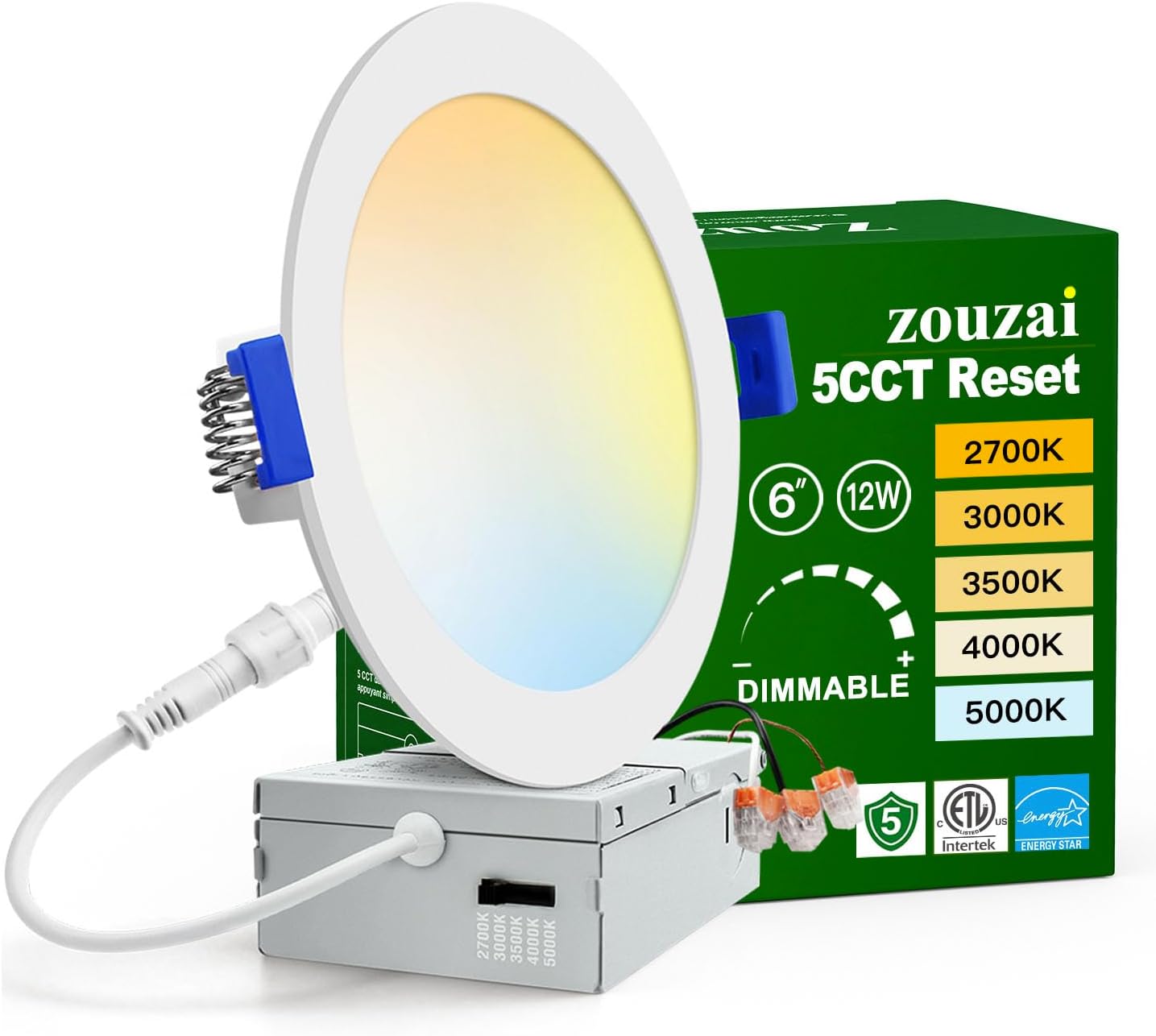 zouzai 1 Pack 6 Inch 5CCT Ultra-Thin LED Recessed Ceiling Light with Junction Box, 2700K/3000K/3500K/4000K/5000K Selectable, 12W Eqv 110W,Dimmable, led can Lights- ETL and Energy Star Certified