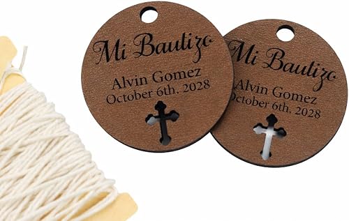 Etiquetas de madera Mi Bautizo  Etiquetas redondas personalizadas para favor religioso  10 unidades