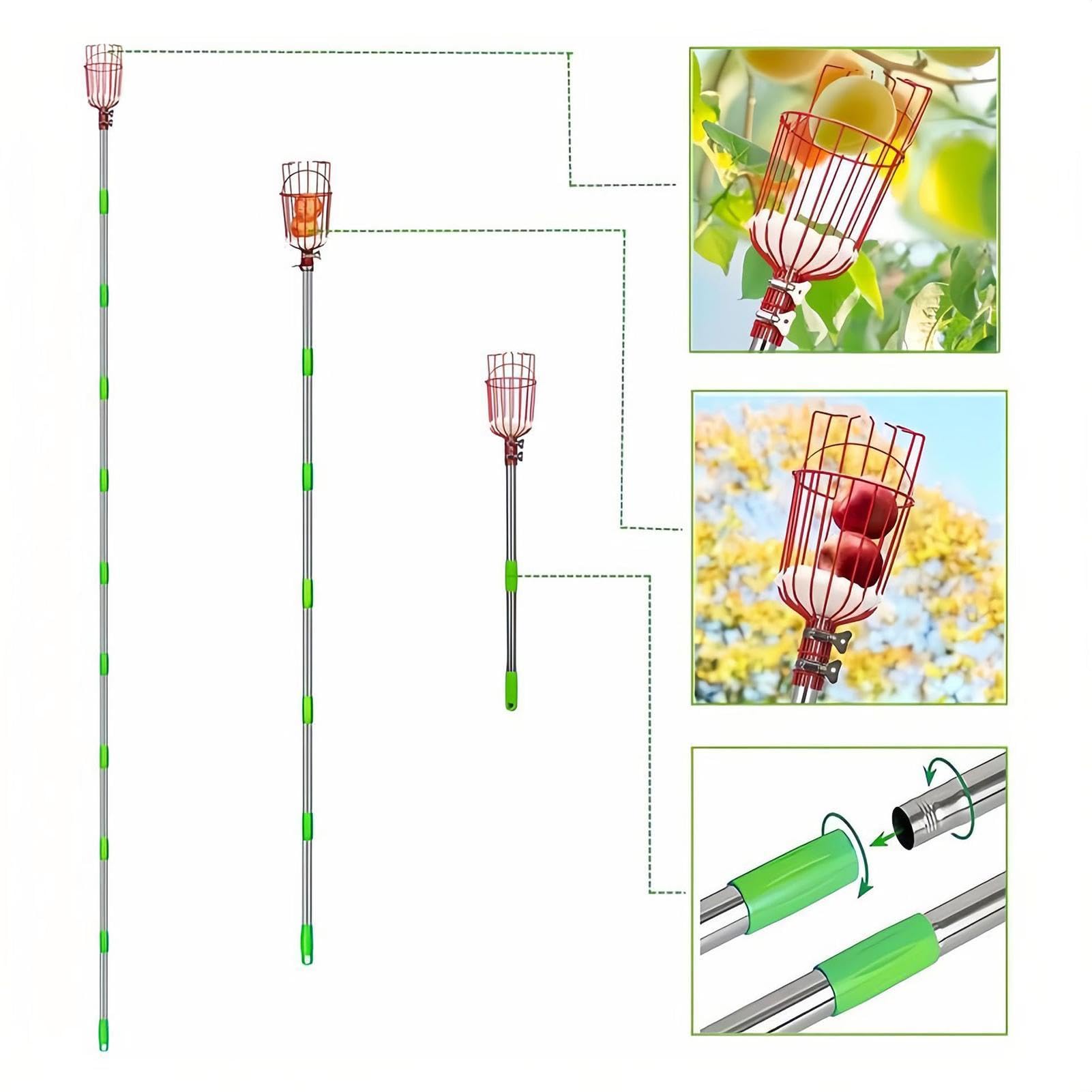 Strumento raccoglifrutta – raccogli frutta facile, raccogli frutta a piede | asta telescopica in acciaio con cestino, raccoglitore di frutta, cestino con telescopico, leggero raccoglitore di