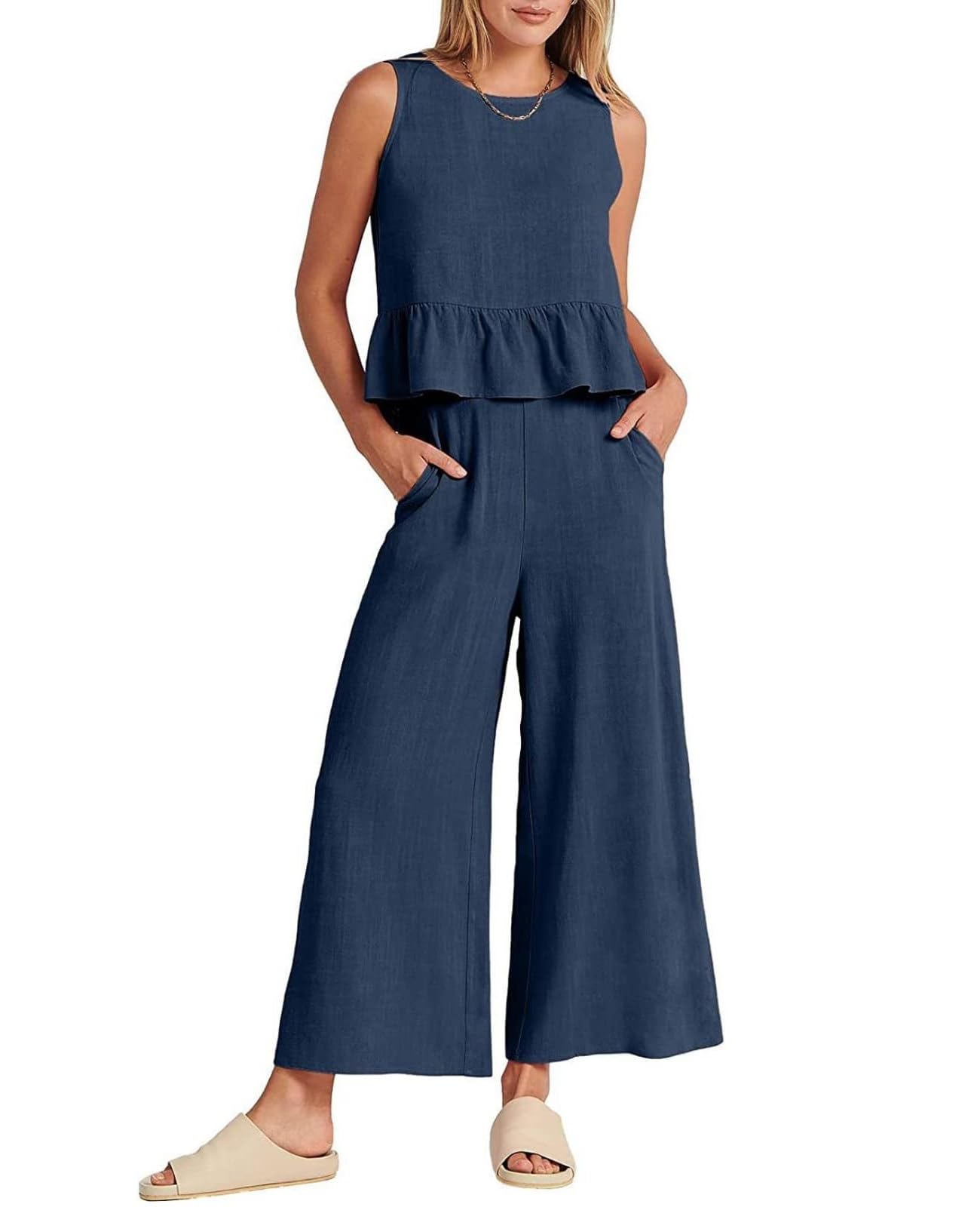 SMIMGO Conjuntos de 2 piezas de lino for mujer, conjunto de chándal de verano for mujer, ropa de salón, sin mangas, dobladillo con volantes, camisetas sin mangas + pantalones de pierna ancha, pantalones con