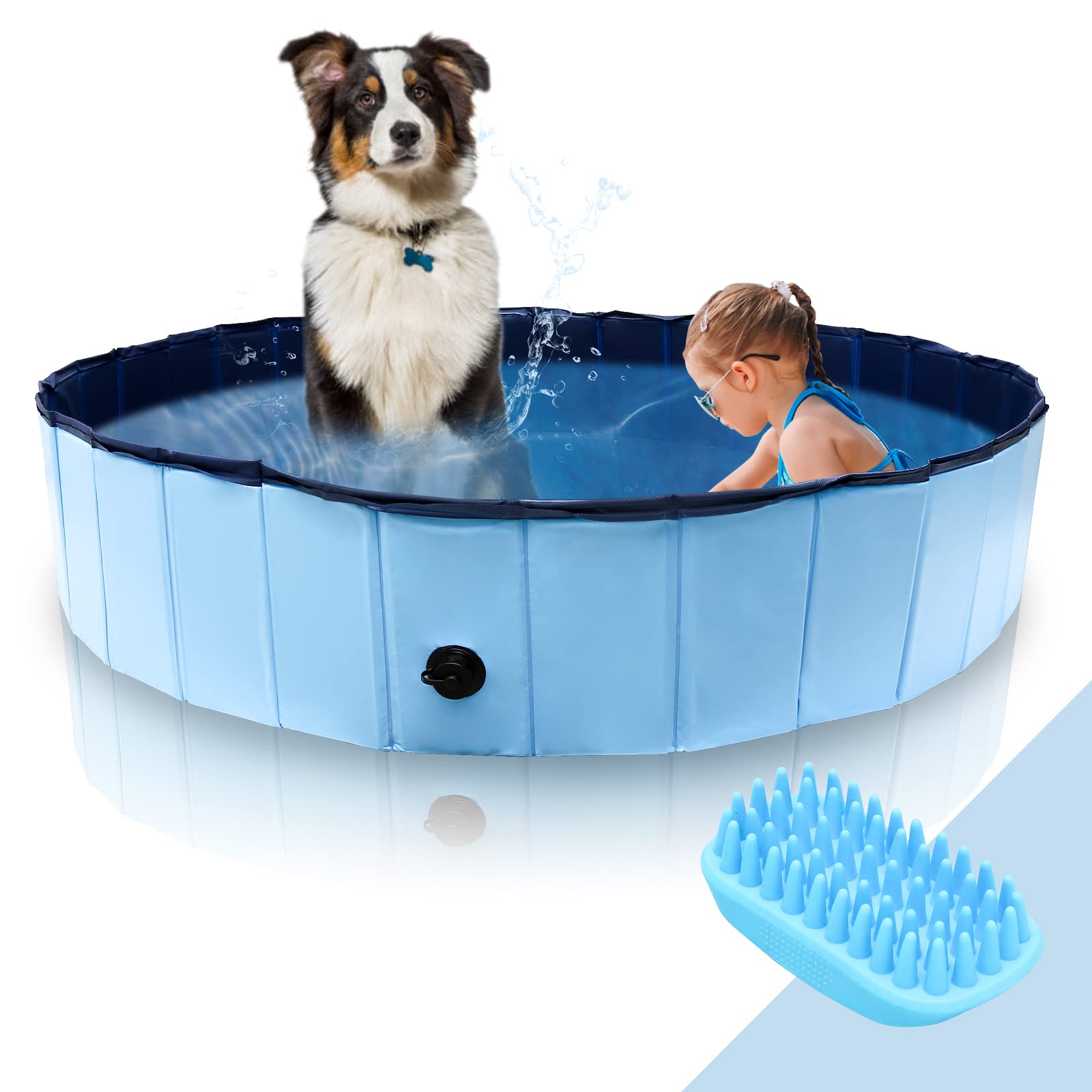 Cecaylie Inklapbaar hondenzwembad voor grote en kleine honden, 160 x 30 cm, zwembad met afvoerventiel, lekvrij, voor binnen en buiten, antislip, draagbaar, hondenbad, blauw