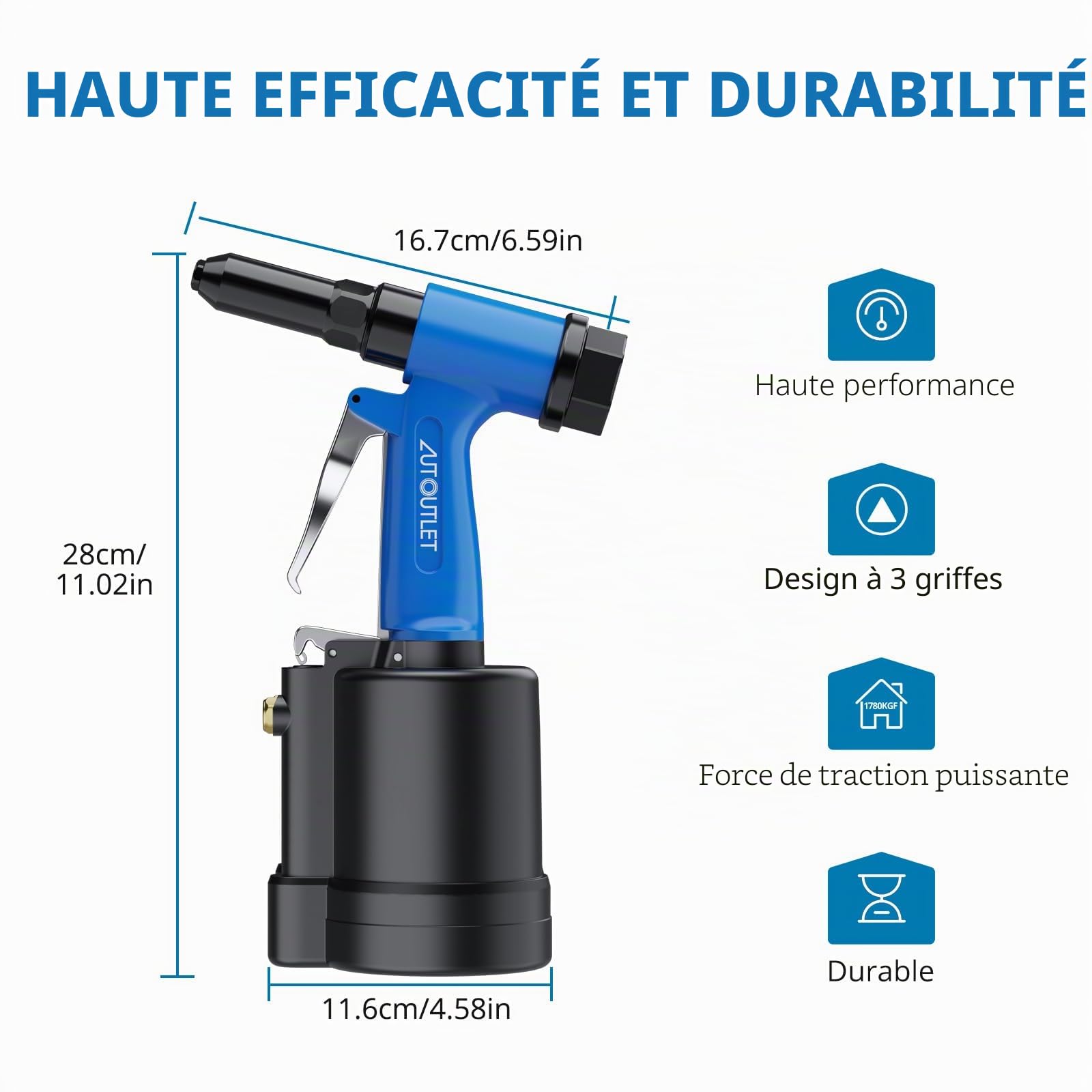 AUTOUTLET Pistolet à riveter pneumatique, 3/32", 1/8", 5/32", 3/16", 1/4", pression de traction 1780KGF, idéal pour la maison, la décoration, l'industrie