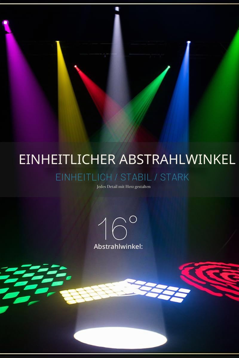 SHEHDS 100 W bewegliche Scheinwerfer, Strahl-Effekt, 16 Grad, 7 dynamische und 6 statische Gobos, 8 Farben, Strahler, 6-Facet-Prisma DMX512 mit RDM und linearem Fokus, DJ-Bühnenlichter