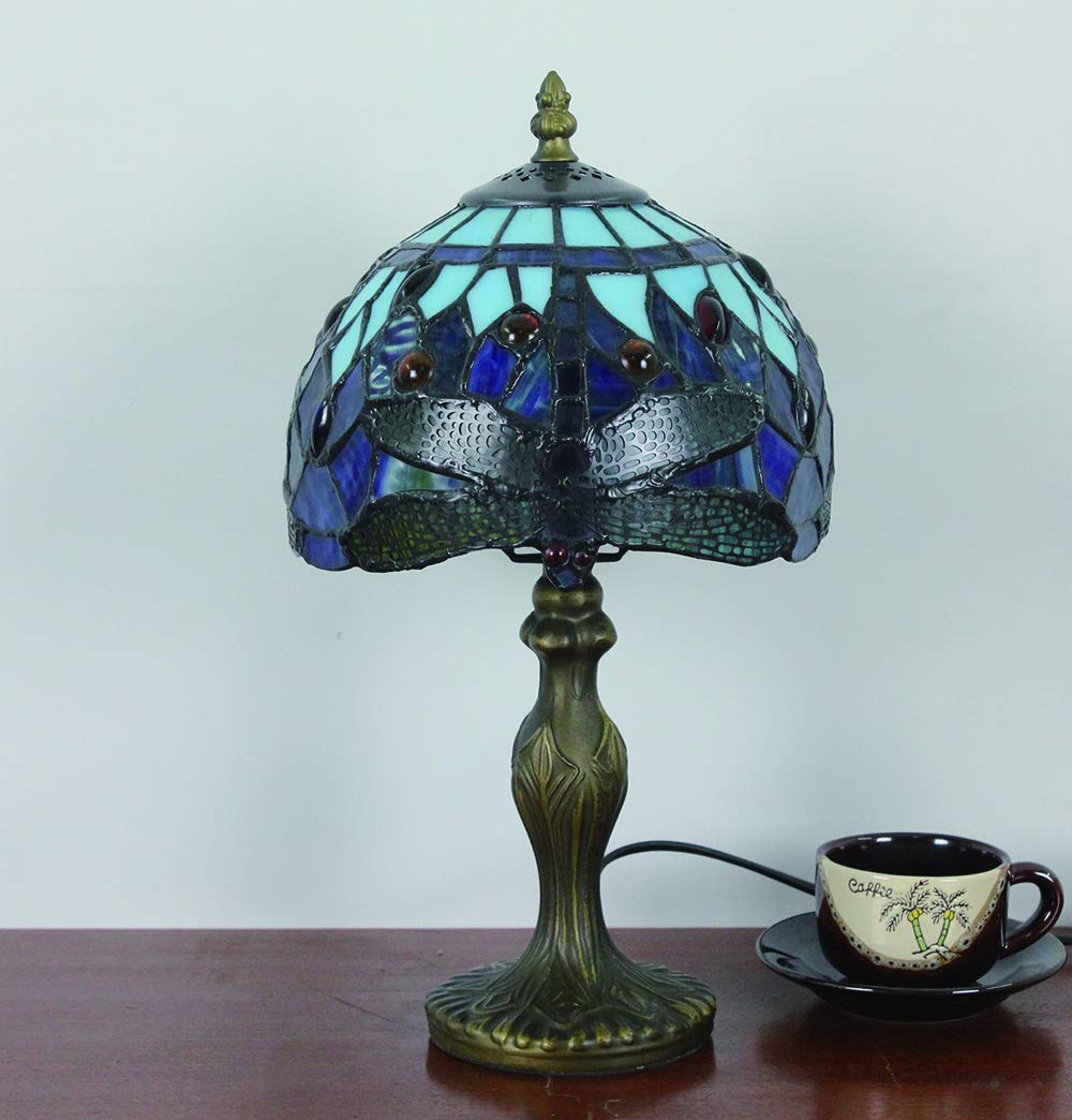 Vintage Tiffany Tischlampen Blau Libelle 8 Zoll, E14 Tiffany Tischlampe Antik Original, Glasmalerei Lampen Schlafzimmer Nacht Lampenschirme Wohnzimmer(Ohne Glühbirnen)