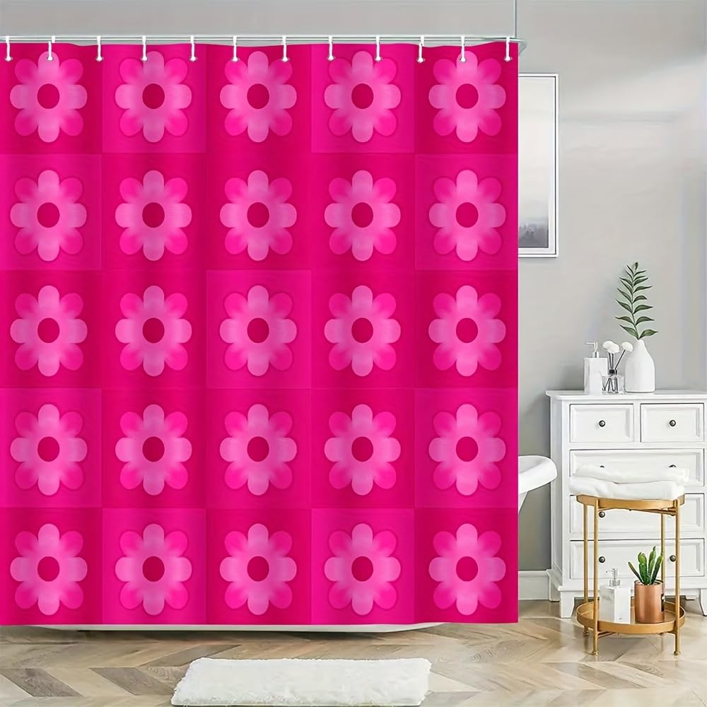 awitufhgp Retro Groovy Floral Shower Curtain - Hot Pink & Fuchsia Checkered Pattern, Polyester Bathroom Decor Bathroom Partition(220x200cm/87x79in(WxH)