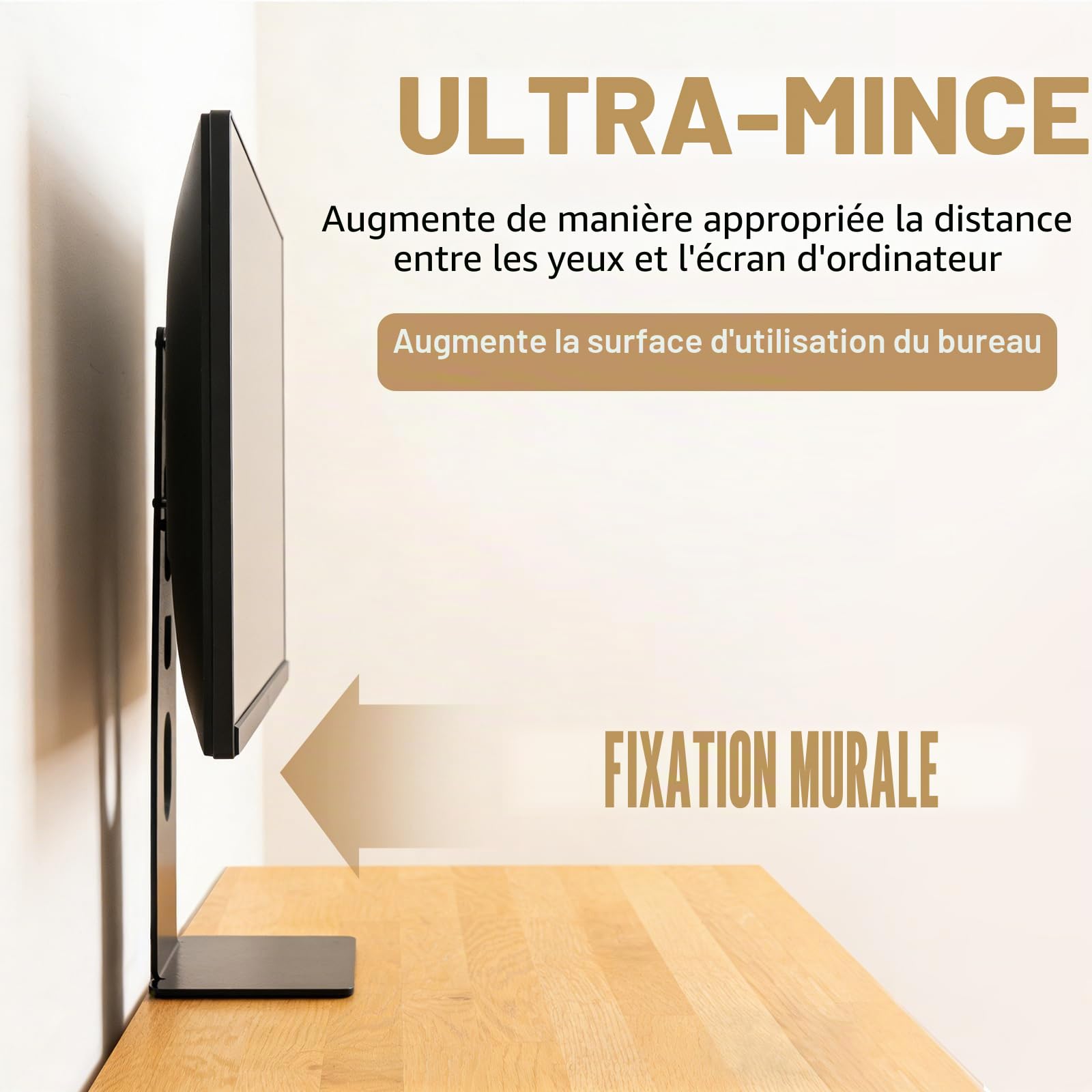 Support de Moniteur d'ordinateur Ultra Fin pour Bureau - Support Mural pour écran de 13" à 27" VESA 75/100 - Ports de câble orientés vers Le Bas pour maximiser Votre Espace de Bureau utilisable
