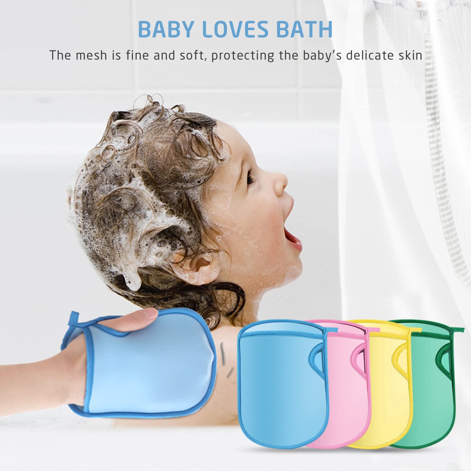4 Gants de Bain Super Doux et Exfoliants, Avec Crochets et Sacs de Rangement, Gants en Eponge de Bain, Gants de Bain Indolores, Adaptés aux Adultes et aux Enfants