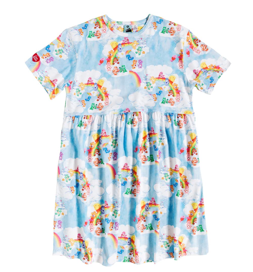 TruffleShuffle Care Bears Cloud Scene Smock Dress Blue | 95% Cotton | Perfect for 80s Movie Fans