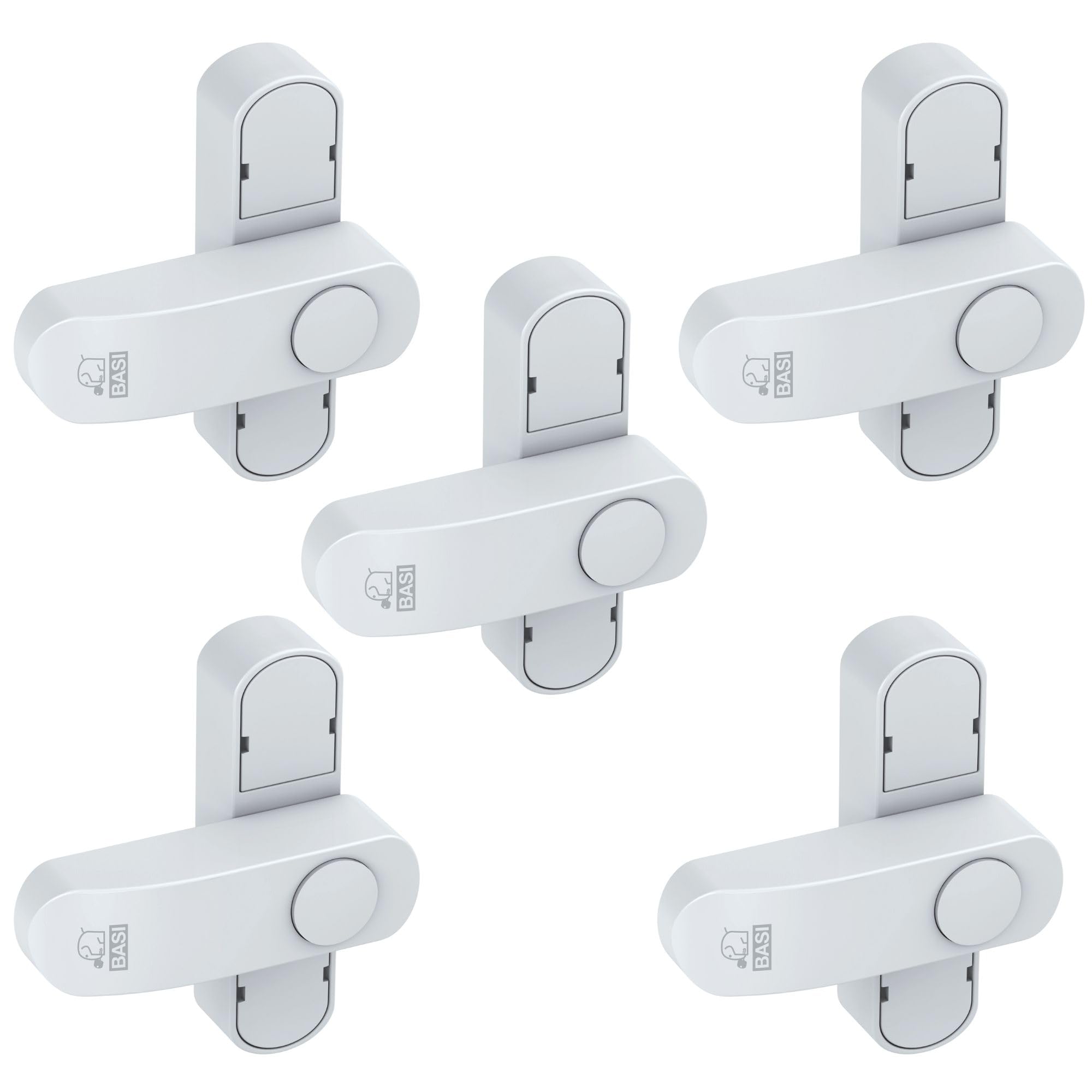 BASI | Fenstersicherung 5er Set | Weiß Braun | Zusatzsicherung für einflügelige Fenster Fenstertüren | verriegelbar mit Druckknopf | Schwenkriegel | Einbruchschutz | Farbe Weiß | 5 Stück
