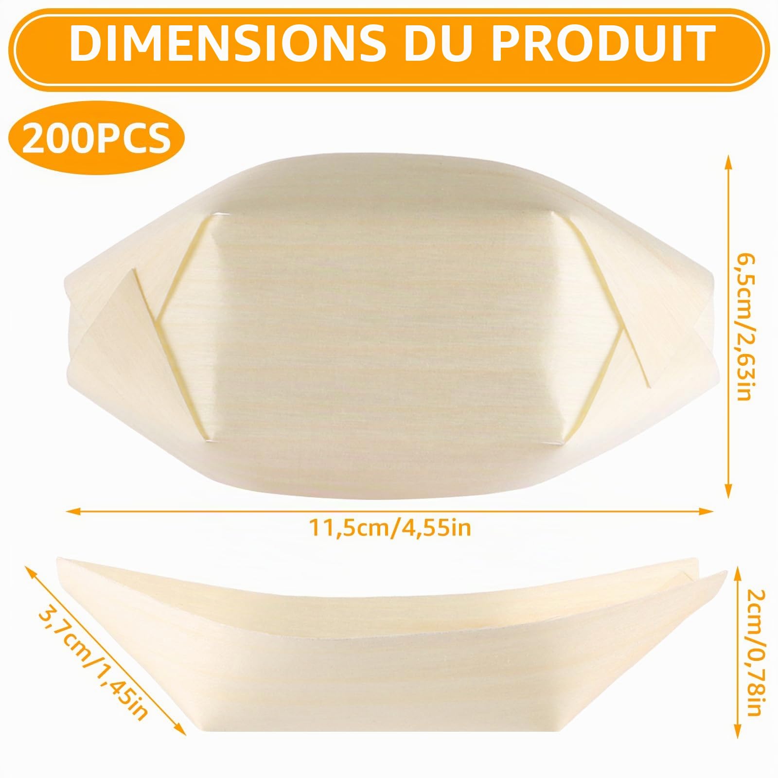 APACALI Lot de 200 Assiettes pour Amuse-Gueules en Bois de Peuplier et Feuille de Palmier, Forme de Bateau, Dégradables et Biodégradables, Idéales pour Currywurst, Snacks, Barbecues et Fêtes